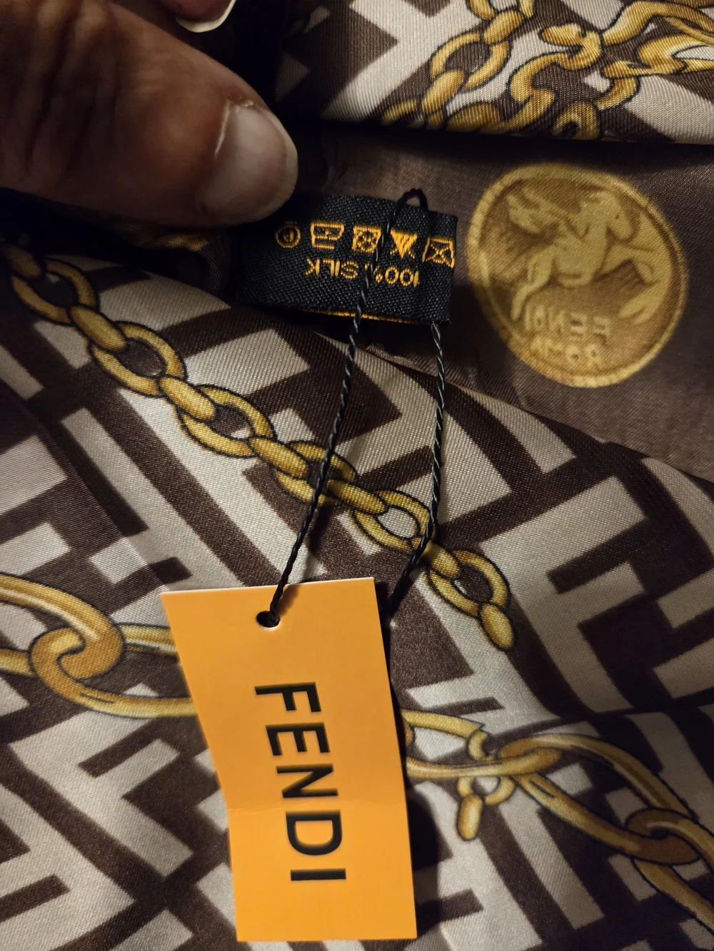 FF Brown & Gold Logo Print Silk Scarf NWT
